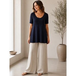 Eileen Fisher Navy Cotton Cashmere Contrast Knit Short Sleeve Tunic Sweater L